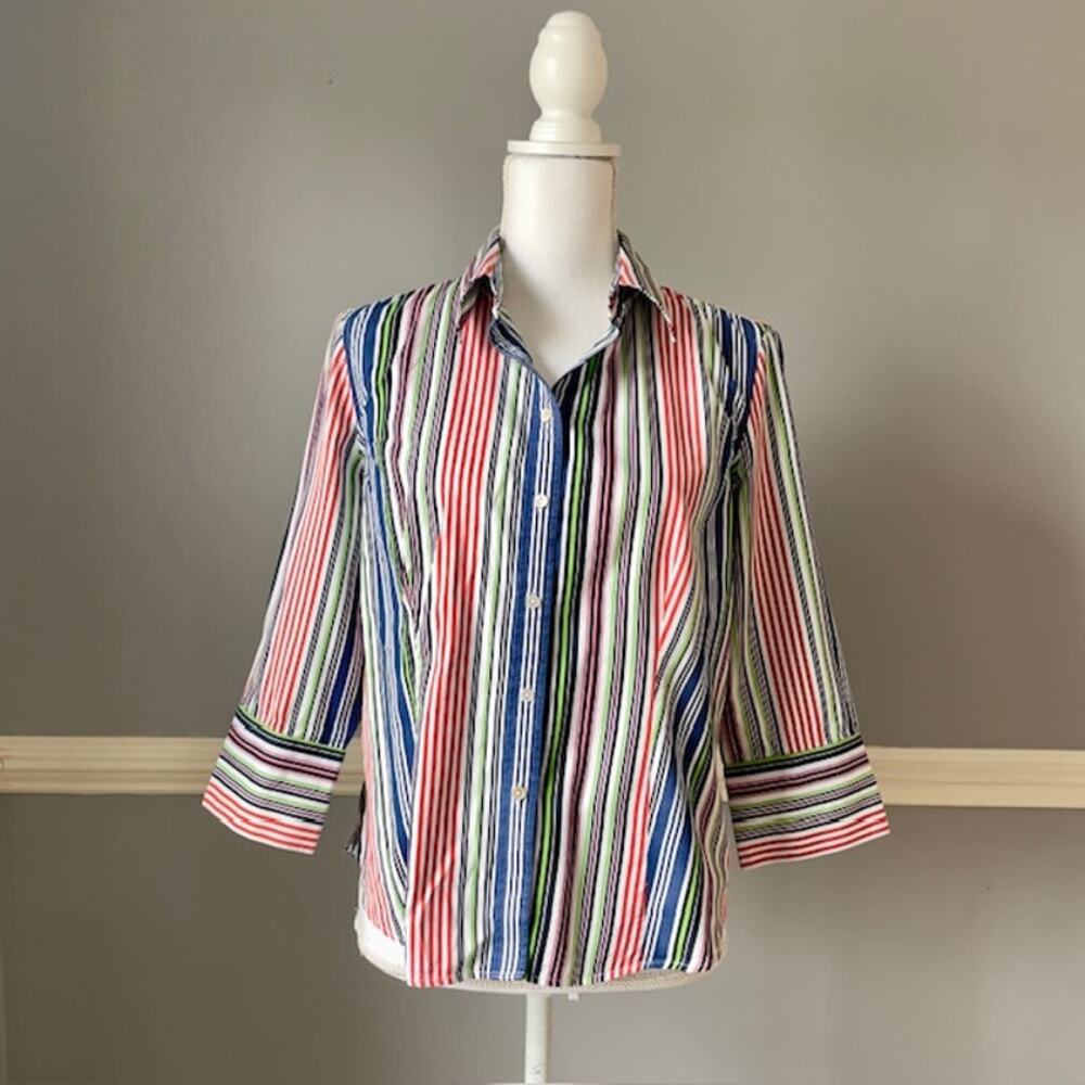 Talbots Petites 14P Multi Stripe Cotton Button Front Shirt Classic Spring blouse